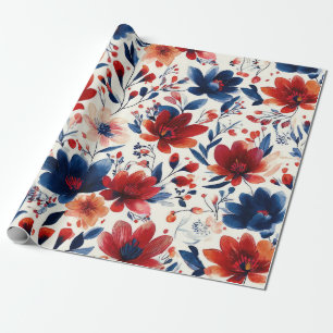 Patriotic Red Blue White Floral (10) Wrapping Paper