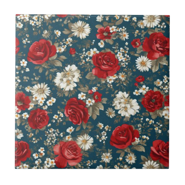 Patriotic Red Blue White Floral (11) Tile (Front)