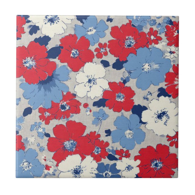 Patriotic Red Blue White Floral (12) Tile (Front)