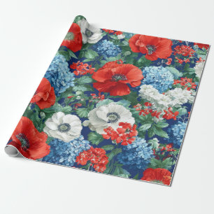 Patriotic Red Blue White Floral (1) Wrapping Paper