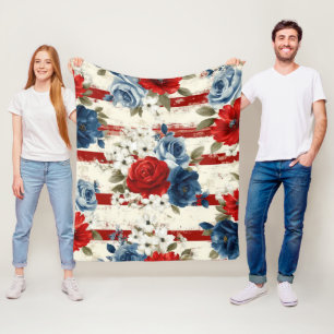 Patriotic Red Blue White Floral (2) Fleece Blanket