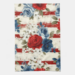 Patriotic Red Blue White Floral (2) Tea Towel
