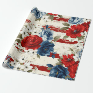 Patriotic Red Blue White Floral (2) Wrapping Paper