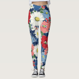 Patriotic Red Blue White Floral (3) Leggings