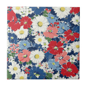Patriotic Red Blue White Floral (3) Tile