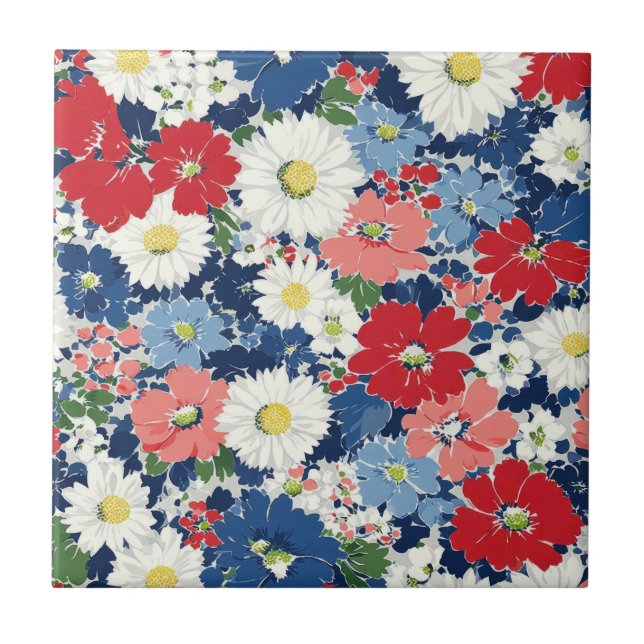 Patriotic Red Blue White Floral (3) Tile (Front)