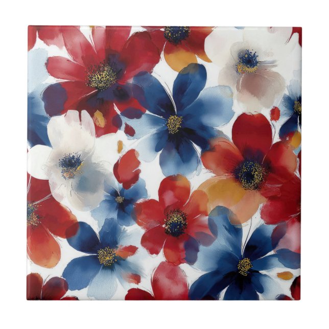 Patriotic Red Blue White Floral (5) Tile (Front)
