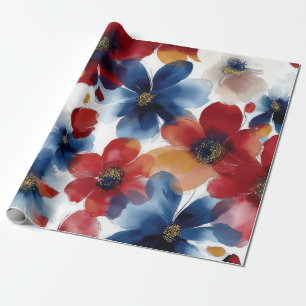 Patriotic Red Blue White Floral (5) Wrapping Paper