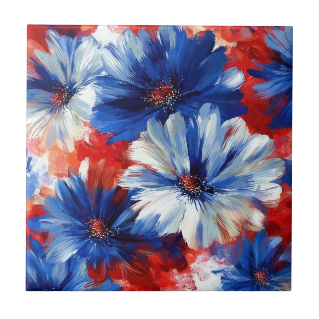 Patriotic Red Blue White Floral (6) Tile (Front)