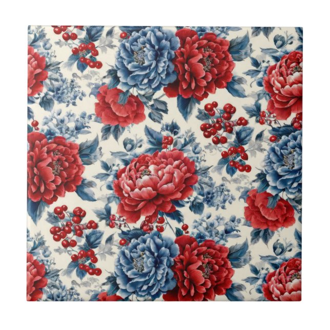 Patriotic Red Blue White Floral (7) Tile (Front)