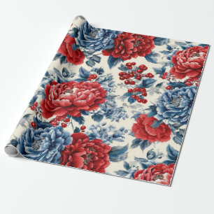 Patriotic Red Blue White Floral (7) Wrapping Paper