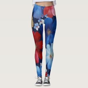 Patriotic Red Blue White Floral (9) Leggings