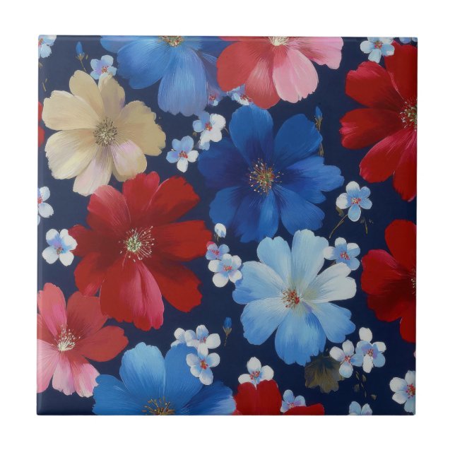 Patriotic Red Blue White Floral (9) Tile (Front)