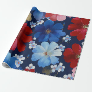 Patriotic Red Blue White Floral (9) Wrapping Paper