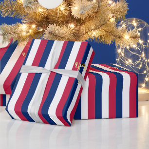 Patriotic Red Blue White Stripes Pattern Gold Text Wrapping Paper
