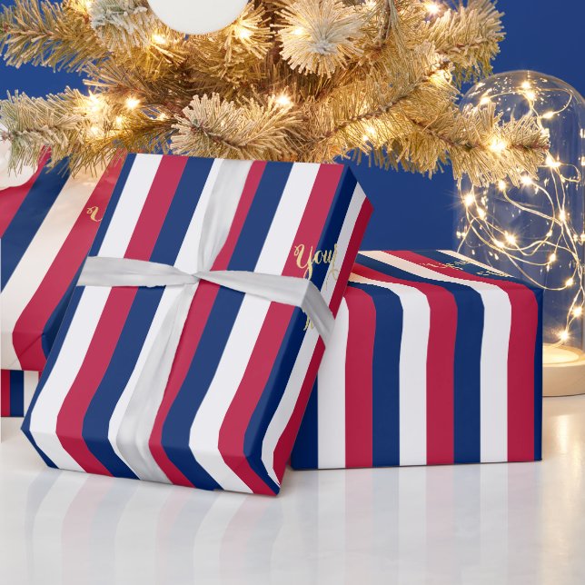 Patriotic Red Blue White Stripes Pattern Gold Text Wrapping Paper (Holidays)