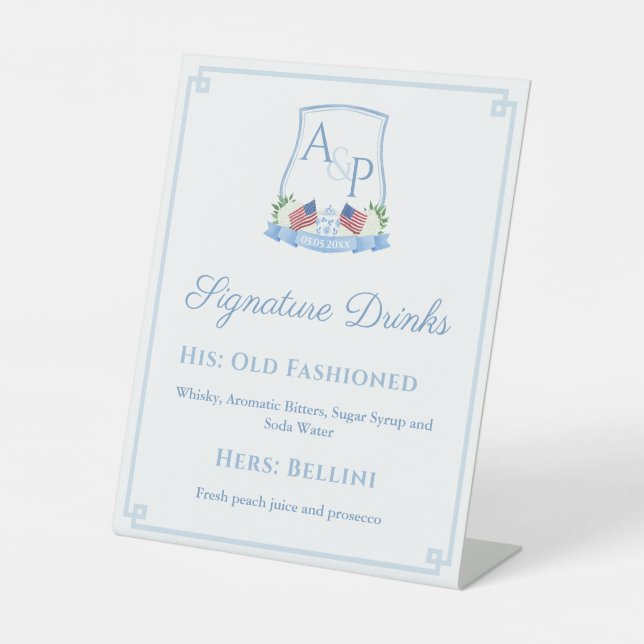 Patriotic Red Blue White Wedding Signature Drinks Pedestal Sign (Front)