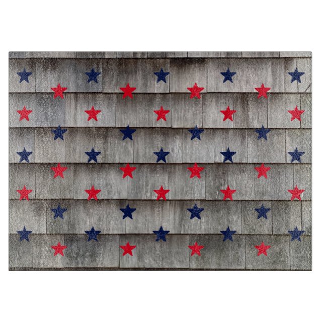 Patriotic red navy blue stars rustic shingles cutting board (Front)