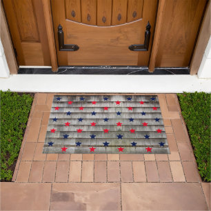 Patriotic red navy blue stars rustic shingles doormat