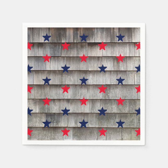 Patriotic red navy blue stars rustic shingles napkin (Front)