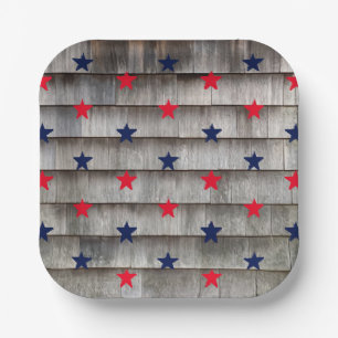 Patriotic red navy blue stars rustic shingles paper plate