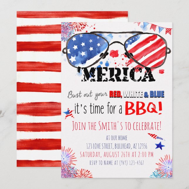 Patriotic Red White and Blue 4th of July BBQ Invitation (Front/Back)