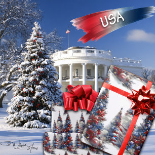Patriotic Red White and Blue Christmas Trees Wrapping Paper