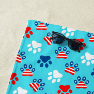 Patriotic Red White and Blue Dog Paws Pattern Beach Towel