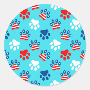 Patriotic Red White and Blue Dog Paws Pattern Classic Round Sticker