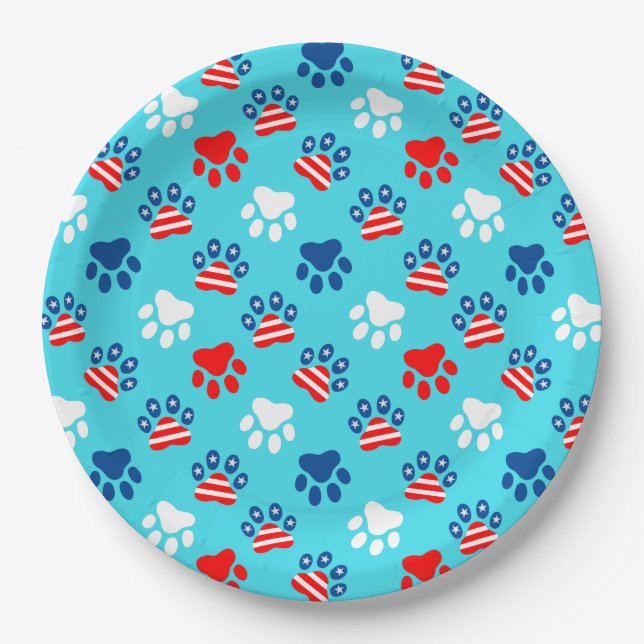 Patriotic Red White and Blue Dog Paws Pattern Paper Plate (Front)