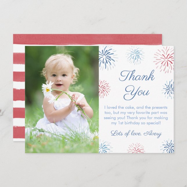Patriotic Red White And Blue Fireworks Picture Thank You Card (Front/Back)