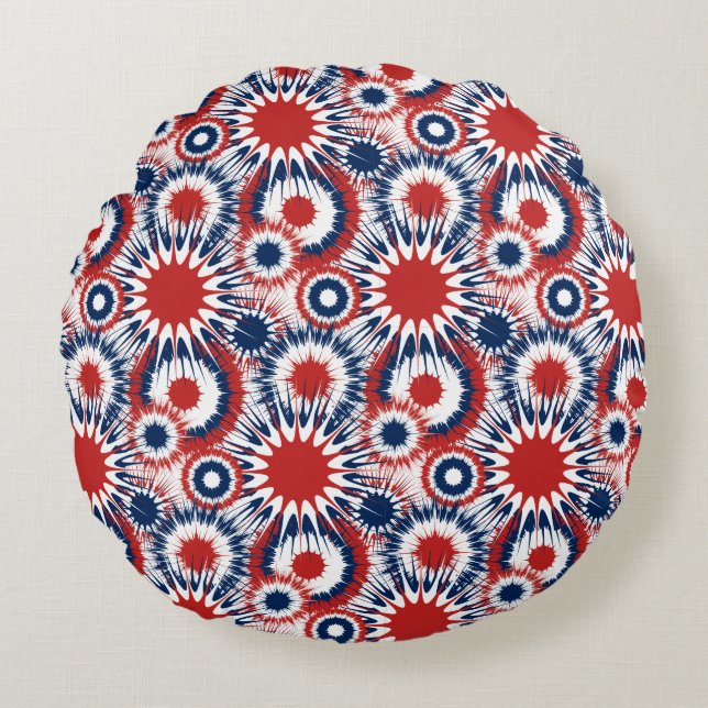 Patriotic Red White and Blue Fireworks Round Cushion (Front)