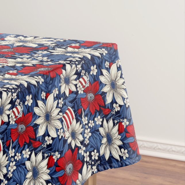 Patriotic Red, White and Blue Flowers and Stripes  Tablecloth (In Situ)