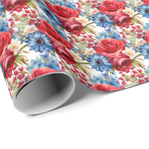 Patriotic Red White and Blue Flowers Wrapping Paper
