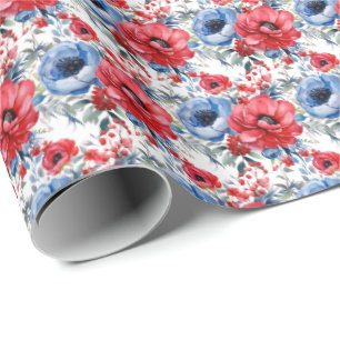 Patriotic Red White and Blue Flowers Wrapping Paper