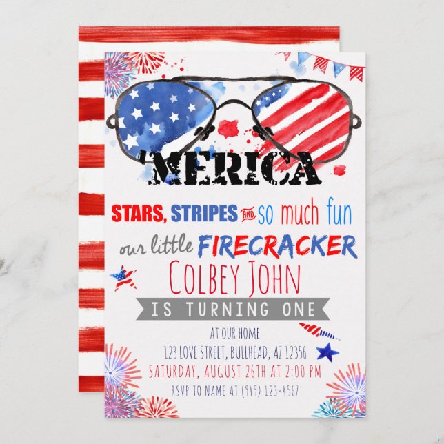Patriotic Red White and Blue Little Firecracker Invitation (Front/Back)