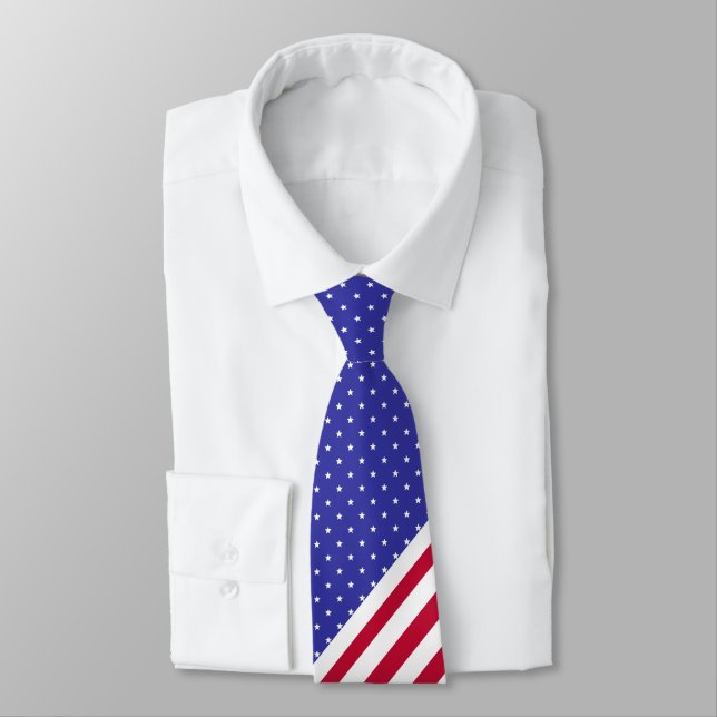 Patriotic Red White and Blue Stars and Stripes Tie (Tied)