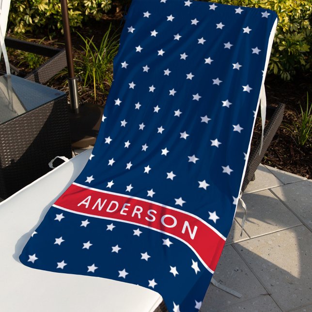 Patriotic Red White and Blue Stars Custom Name Beach Towel (Creator Uploaded)