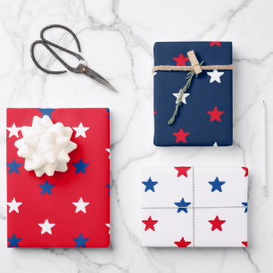 Patriotic red white and blue stars pattern holiday wrapping paper sheet