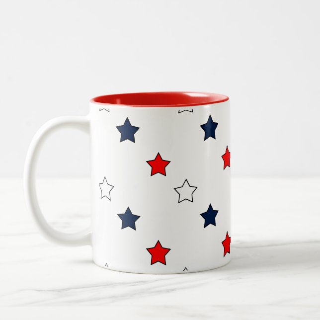 Patriotic Red White and Blue Stars Two-Tone Coffee Mug (Left)