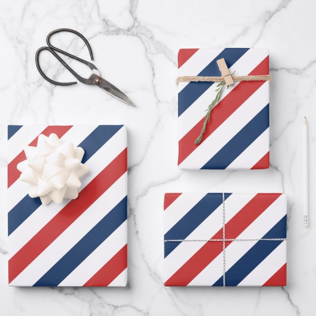 Patriotic Red White and Blue Stripes Wrapping Paper Sheet (Front)