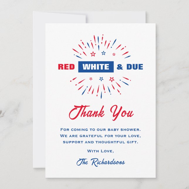 Patriotic Red White And Due 4th July Baby Shower Thank You Card (Front)