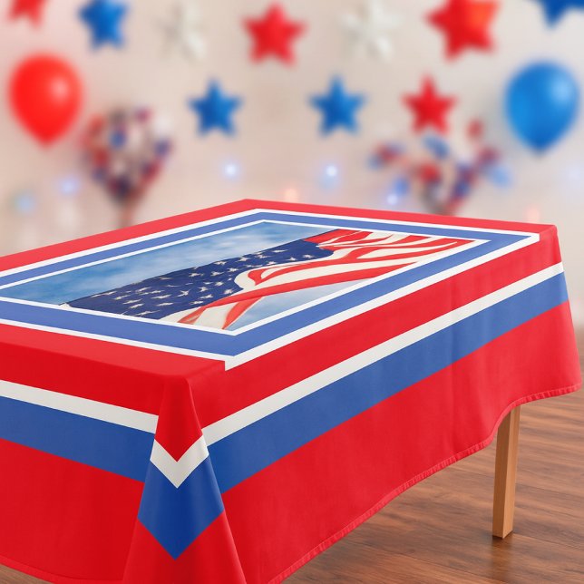 Patriotic Red White Blue 4th of July Tablecloth (Festive Fourth of July holiday gathering tablecloth featuring an American flag mockup.)