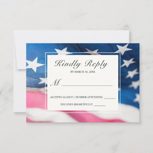 Patriotic Red White Blue American Flag Wedding  RSVP Card (Front)