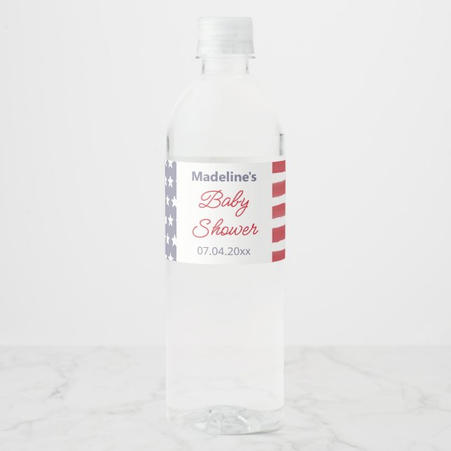 Patriotic Red White Blue Baby Shower Party Water Bottle Label (Front)