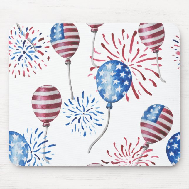 PATRIOTIC RED WHITE BLUE BALLOONS FIREWORKS MOUSE MAT (Front)