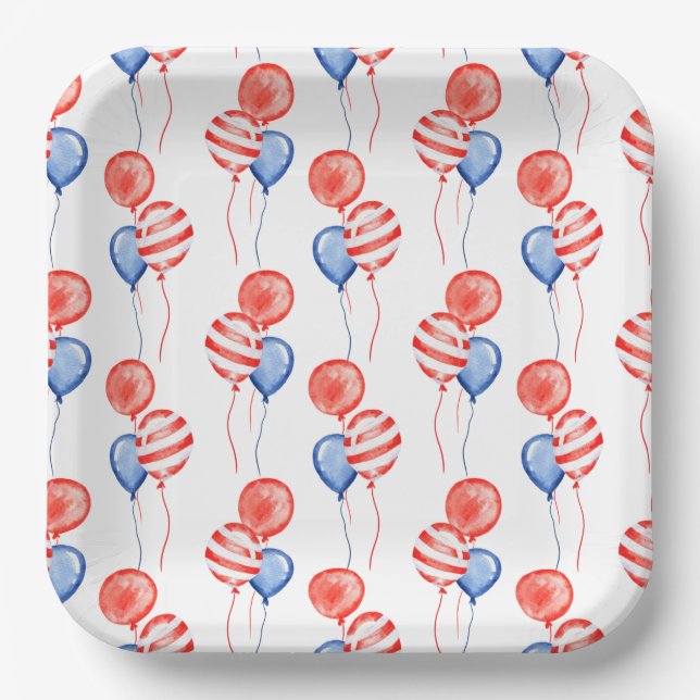 PATRIOTIC RED WHITE BLUE BALLOONS PAPER PLATE (Front)