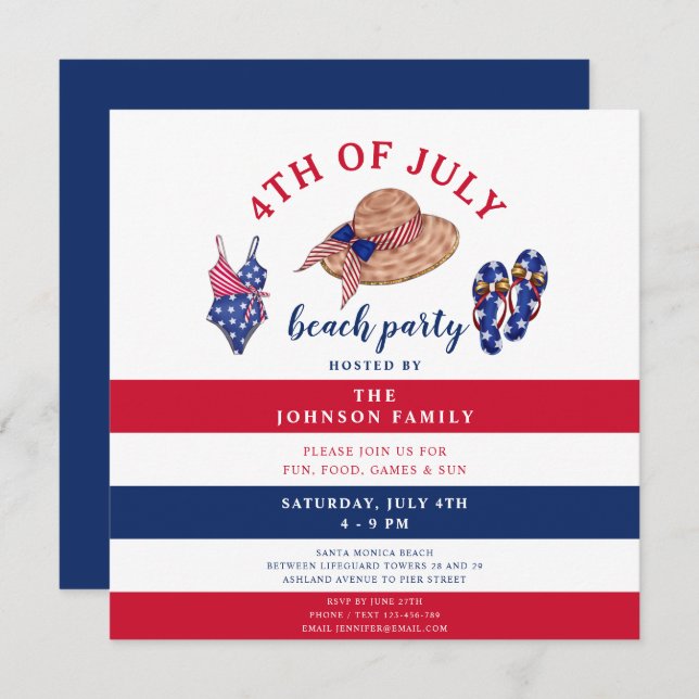 Patriotic Red White & Blue Beach Party 4th Of July Invitation (Front/Back)