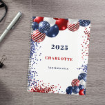 Patriotic red white blue black balloons name 2025 planner<br><div class="desc">A chic white background. Decorated with patriotic coloured  balloons in red blue and white. Personalise and add a year,  name and a title. Red and blue text.</div>
