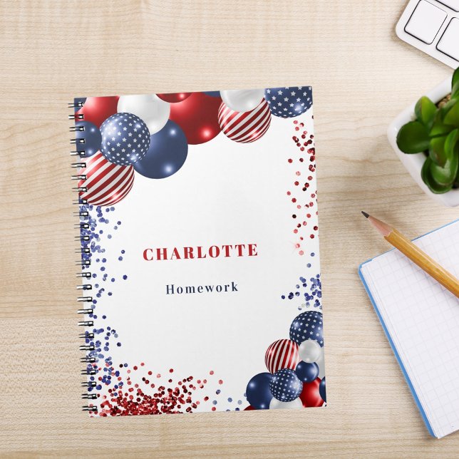 Patriotic red white blue black balloons name notebook (Creator Uploaded)